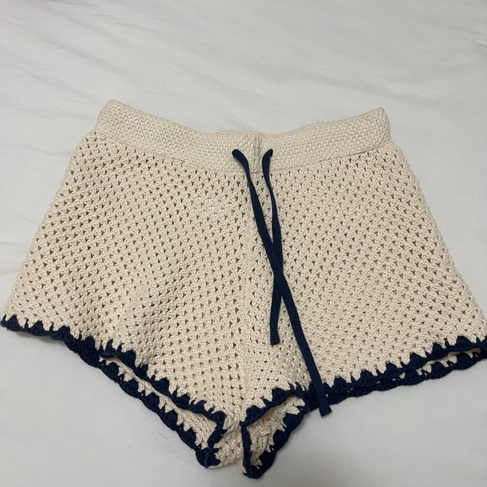 Mustard Seed Cream Crochet Shorts with Navy Accents